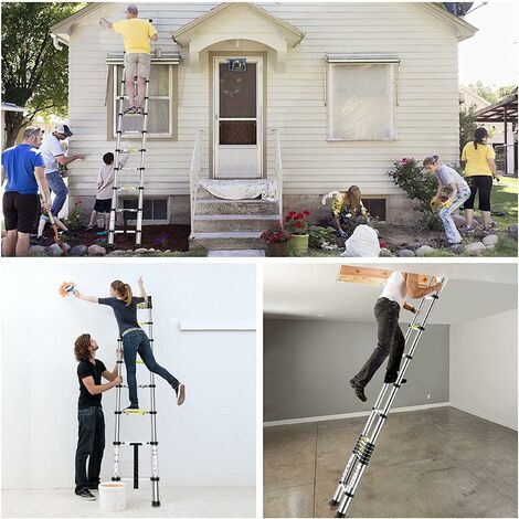 3.2M Telescopic Ladder Stainless Steel Ladders Multi-Purpose Attic Ladder Extendable Step Ladder Straight Ladder, Lightweight Pull-Out Ladder, 150kg Load Capacity