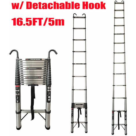 Telescopic Ladder 5M Multi-Purpose Folding Ladder with Hooks, Extendable Loft Ladder Portable Collapsible Ladder, Anti-Slip Telescoping Ladder, Extension Ladder, Max Load 150kg, EN131 (5M/16.4FT)