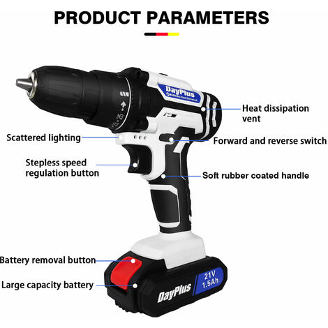 Cordless Electric Drill 21V Driver Screwdriver Drills Tool Combi w/ 2x Battery,1xCharger, 1x Gloves(pair), 29x Drill Bits, 1x Storage Case, 1x manual