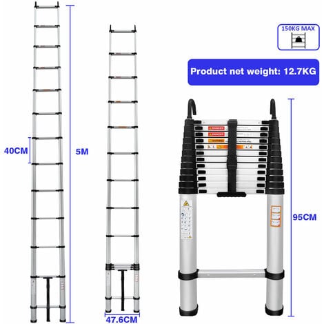 Telescopic Ladder 5M with Safety Hook Aluminum Loft Ladder 13 Step ...