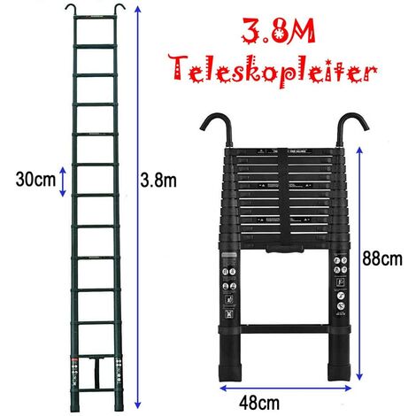 12.5ft Telescopic Ladder with 2 Detachable Hook Aluminum Ladder 3.8m Multi Purpose 330lbs Capacity EN131