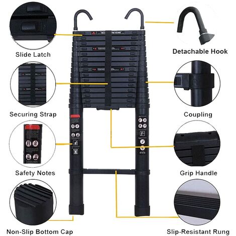 12.5ft Telescopic Ladder with 2 Detachable Hook Aluminum Ladder 3.8m Multi Purpose 330lbs Capacity EN131