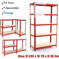 Garage Shed Storage Racking Shelving Units - 150cm x 70cm x 30cm 5 Tier Heavy Duty Metal Shelves, Boltless Assembly System, 875KG Capacity(175KG per Shelf), Red