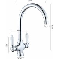 Modern Kitchen Mixer Tap with White Ceramic Dual Lever 360 Degree Monobloc Swivel Spout Brass Body Chrome Finished Kitchen Sink Taps with 2 Hoses and UK Standard Fittings
