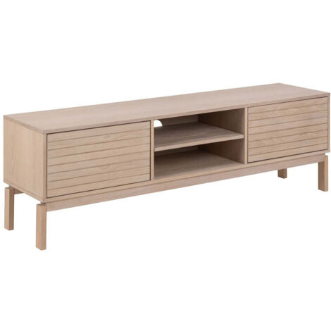 Meuble TV bas en chêne blanchi 2 portes 2 niches L160 - LIAC (1/5)