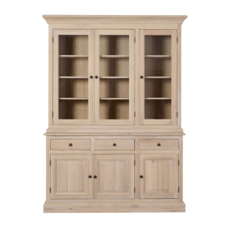 Vaisselier en chêne blanchi 3 portes vitrées 3 tiroirs 3 portes bois - VICTORIA