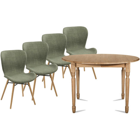 Hellin – Table ronde extensible 105 cm avec 4 chaises tissu – 3 allonges centrales jusqu'à 225 cm – Chêne massif – Style scandinave (1/5)