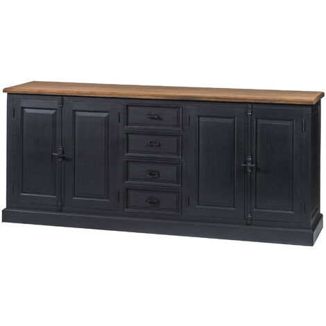 Hellin – Buffet bas en bois massif noir 4 portes 4 tiroirs – Plateau en teck naturel – Dimensions L 220 x P 53 x H 96 cm (1/5)