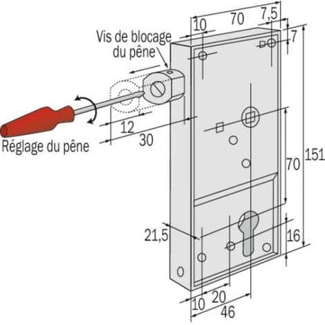 Serrure en applique à fouillot droite à pêne réglable - Clé I - Axe à 46 mm - Série GE192 - Tirard Jean