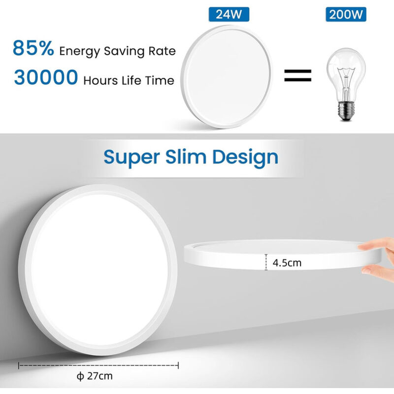 Plafonnier Led,Lampe Plafond À Encastrer 24W Noir Lumière Chaude 30Cm