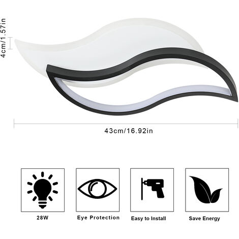COMELY® Plafonnier LED Moderne, 28W 2800LM Lustre LED Noir, Design Créatif en Forme de Feuille, Lampe de Plafond en Acrylique pour Chambre, Salon, Salle à Manger, Cuisine, Couloir, Blanc Froid 6500K