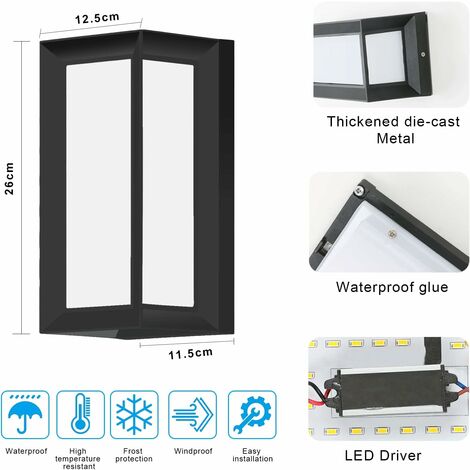 COMELY® Applique Murale LED Noire  pour Intérieur et Extérieur Puissance 18W Blanc Chaud 3000K Étanche IP65 pour Garage Terrasse et Jardin