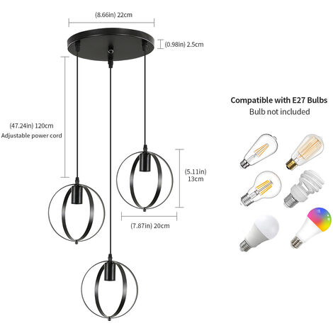 COMELY Luminaire suspension vintage industriel abat-jour réglable en métal 3 x tête de lampe E27 pour salon cuisine chambre(Ampoules non incluses)