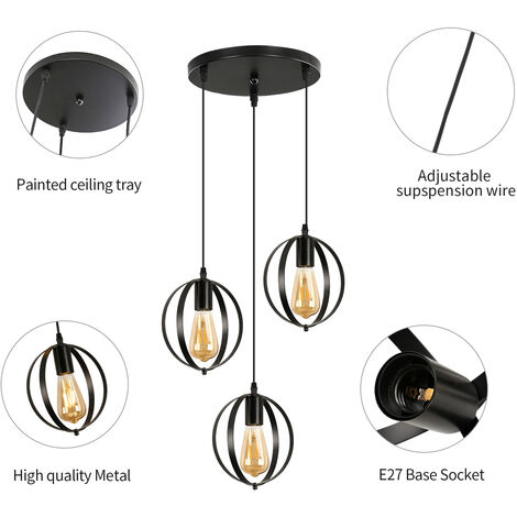 COMELY Luminaire suspension vintage industriel abat-jour réglable en métal 3 x tête de lampe E27 pour salon cuisine chambre(Ampoules non incluses)