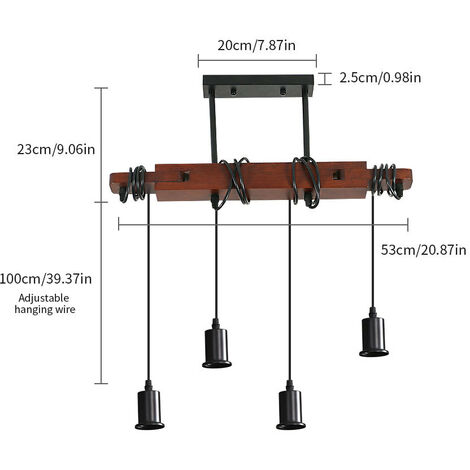 COMELY® Suspension Luminaire Rétro Industrielle - Lustre Vintage en Bois avec 4 Lumières E27 pour Salle à Manger Salon (Ampoule Non Incluse)