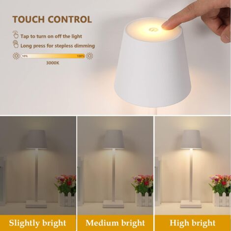 COMELY Lampe de Table sans Fil Rechargeable par USB, Lampe de Chevet Tactile 4W, Lumière Chaude 3000K Réglable, Idéale pour Extérieur, Restaurant, Bureau (Blanc)