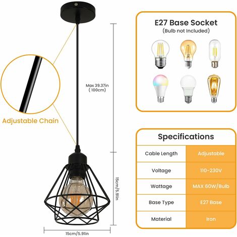 Suspension Luminaire Industrielle Cage Métal 16cm - Plafonnier Vintage E27 Noir