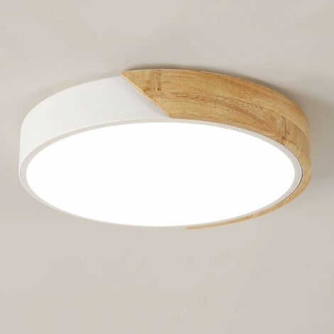 COMELY Plafonnier LED en Bois 30 W Moderne, Rond, Lumière Blanche Froide 6500 K, pour Chambre, Salle de Bain, Cuisine, Salon, Bureau, Diamètre 30 cm （Blanc）