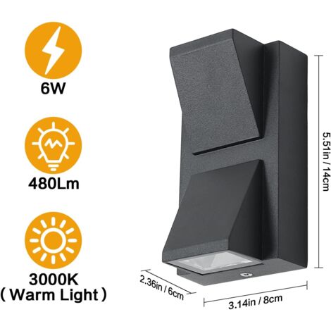 COMELY® Applique Murale LED Extérieure/Intérieure, Applique Extérieure Moderne Noire 6W, Blanc Chaud 3000K, Éclairage Extérieur IP65 Étanche en Aluminium, pour Jardin, Terrasse, Garage