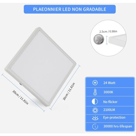 COMELY Lot de 2 Plafonniers LED, Plafonnier Salon Carré Ultra-Mince 30CM, Luminaire Plafonnier Moderne 24W pour Salle de Bain Chambre Cuisine Salon Balcon - Lumière Chaude 3000K