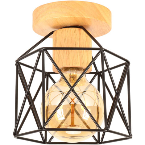 Plafonnier Industriel Vintage Comely - Cage Métal Et Bois, Ampoule E27, Pour Salon/Cuisine