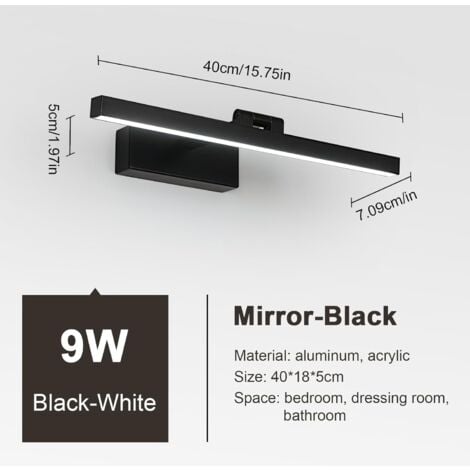 COMELY Lampe Miroir Salle de Bain 9W 1100LM 220V, 40cm Lampe Miroir Applique LED Salle de Bain, Blanc Froid 6500K Luminaire Salle de Bain IP40, Noir [Classe énergétique E]