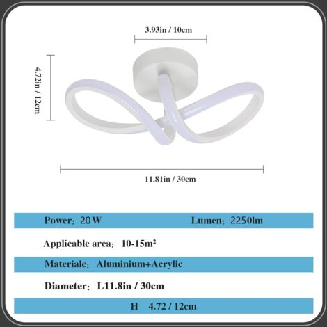 COMELY® Plafonnier LED Moderne, Luminaire Plafonnier Courbé, Éclairage de Plafond pour Salon, Chambre, Cuisine, Salle à Manger - 16W - Blanc - Lumière Blanche 6500K(L29W10)
