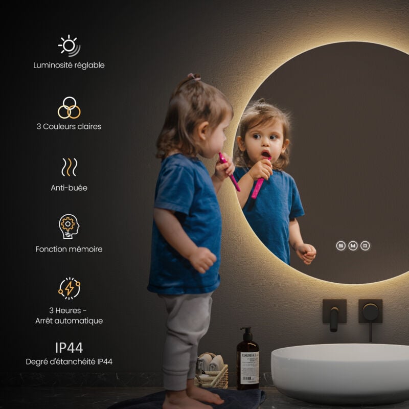 EMKE Miroir de salle de bain rond LED avec rétro-éclairage sans cadre  Interrupteur tactile - Diamètre 80cm, Lumière Blanche Froide/Chaude/Neutre
