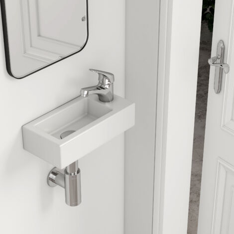 EMKE Vasque suspendue Salle de Bain en céramique, Lavabo suspendu rectangulaire avec trou de robinet à droite, blanc brillant - 36,5 x 18 x 9 cm (1/5)