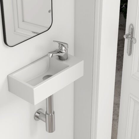 EMKE Vasque suspendue Salle de Bain en céramique, Lavabo suspendu rectangulaire avec trou de robinet à droite, blanc brillant - 40,5 x 20.5 x 10,5 cm (1/5)