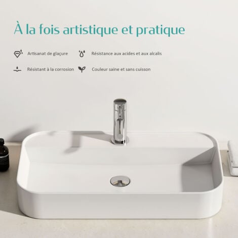 EMKE Vasque à Poser en céramique, Lavabo rectangulaire en céramique Arc, blanc brillant - 40 x 40 x 11 cm