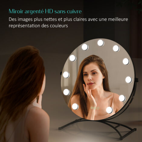 EMKE Miroir de maquillage Hollywood avec Ampoules LED Miroir grossissant  Interrupteur tactile 3 couleurs dimmable Rotation à 360° - Cadre Noir 47 x  40