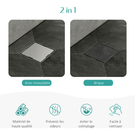 EMKE Caniveau de douche en acier inoxydable, 2 en 1, Caniveau de douche carré avec arrêt des odeurs et filtre à cheveux, 15mm Couleur inox