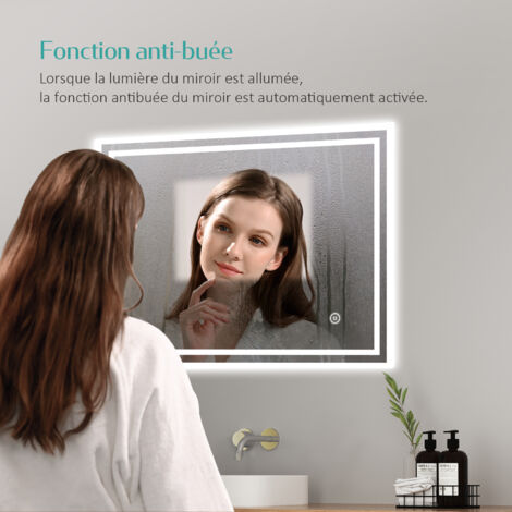 EMKE Miroir lumineux de salle de bain 60x50cm, Miroir de salle de bain avec Interrupteur Tactile, Anti-buée, Dimmable, Miroir LED avec Lumière Blanche Froide