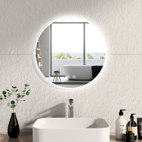 EMKE OLM03 Miroir de salle de bain rond LED avec rétro-éclairage sans cadre  Interrupteur tactile, Lumière Blanche Froide/Chaude/Neutre, Diamètre 80cm