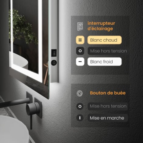 EMKE Miroir lumineux de salle de bain avec Interrupteur à bouton,  Anti-buée, Vertical et Horizontal