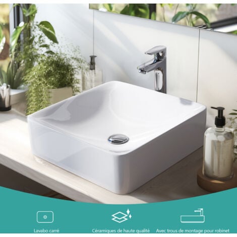 EMKE Lavabo rectangulaire en céramique, Vasque à Poser en céramique, blanc brillant - 40,5 x 40,5 x 12 cm