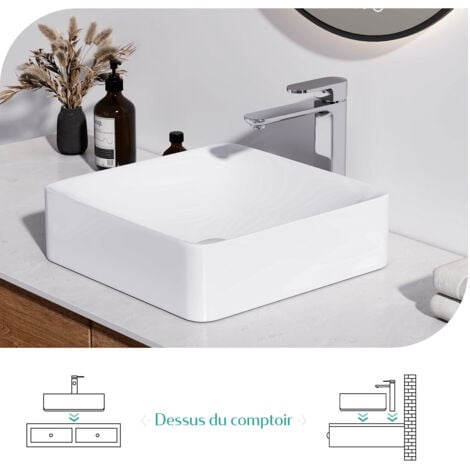 EMKE Lavabo rectangulaire en céramique, Vasque à Poser en céramique, blanc brillant - 40,5 x 40,5 x 12 cm