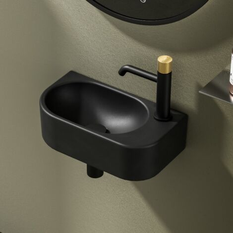 EMKE Vasque à poser, Lavabo salle de bain au mur, 400x215x120mm, Vasque rectangulaire en céramique, Noir mat, trou de robinet à droit