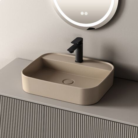 EMKE Vasque à Poser en céramique, Lavabo rectangulaire en céramique Arc, Beige mat - 500 x 400 x 110 mm