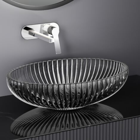 EMKE Lavabo en Verre ovale, Vasque à poser 510 x 350 x 150mm, Lavabo ovale Montage Comptoir, Verre Noir