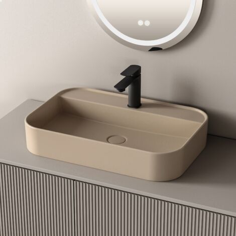 EMKE Vasque à Poser en céramique, Lavabo rectangulaire en céramique Arc, Beige mat - 600 x 400 x 110 mm