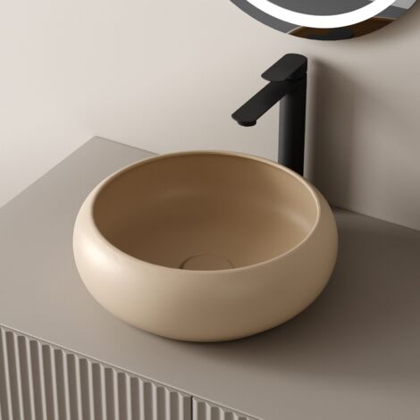 EMKE Vasque à Poser en céramique, Lavabo Ronde en céramique 360 x 360 x 120mm, Lavabo Ronde Montage Comptoir, Beige mat