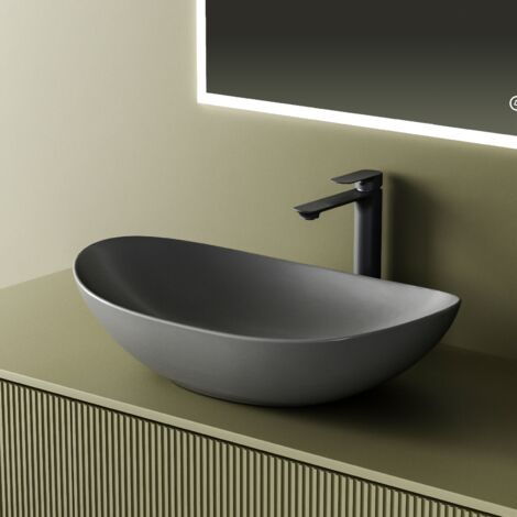 EMKE Vasque à Poser Salle de Bain en céramique, Lavabo ovale en céramique, 615 x 360 x 155 mm, Gris mat