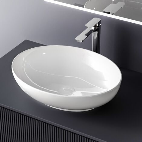 EMKE Vasque à Poser en céramique, Lavabo Ovale en céramique, Lavabo Ovale Montage Comptoir, 520 x 395 x 130mm, Blanc brillant