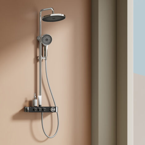 EMKE Colonne de douche thermostatique, 26cm Douche de tête, 3 Modes douchette à mains, Douche de tête, Débit réglable, 36cm étagère, Certification KTW, Chromé