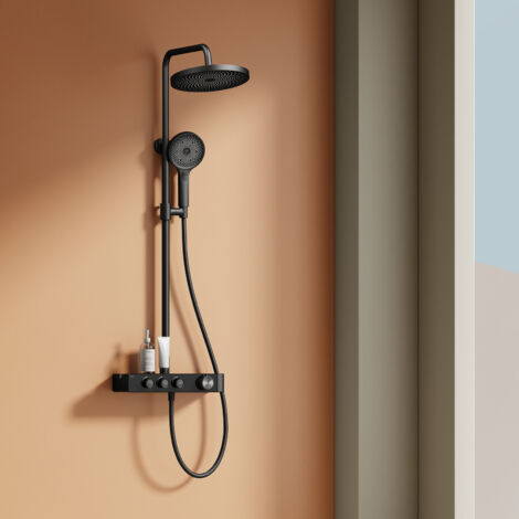 Emke – Colonne de douche thermostatique 26cm – Douche de tête effet pluie – 3 modes – Débit réglable – Étagère 36cm – Acier inoxydable, bronze KTW (1/5)