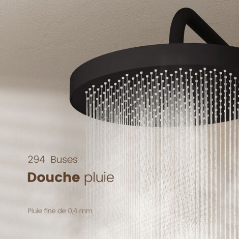 EMKE Colonne de douche thermostatique, 40 cm étagère en verre, Douche de tête, 3 Modes douchette à mains, Douchette enfant, Certification KTW, Noir