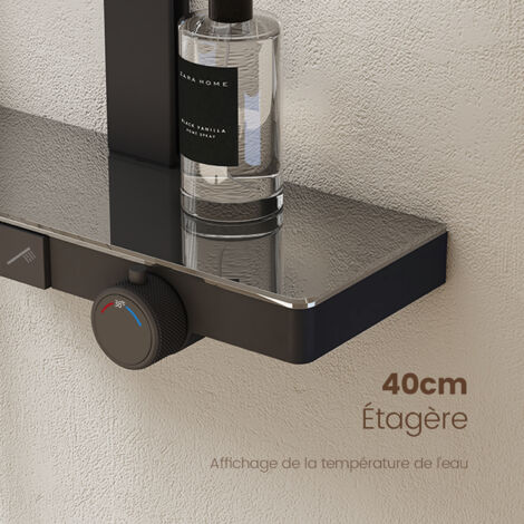 EMKE Colonne de douche thermostatique, 40 cm étagère en verre, Douche de tête, 3 Modes douchette à mains, Douchette enfant, Certification KTW, Noir