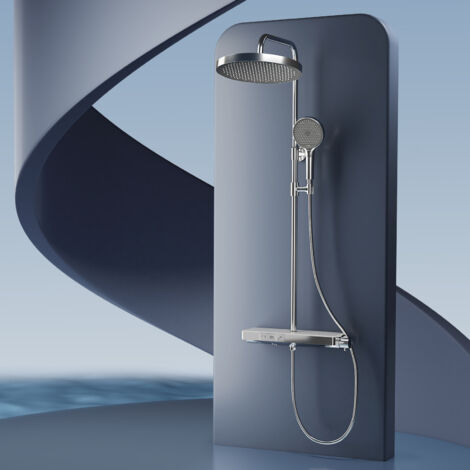 EMKE Colonne de douche Thermostat, avec 40 x 15 cm étagère, ensemble de douche avec douchette, 3 types de jets, Chrome (1/5)